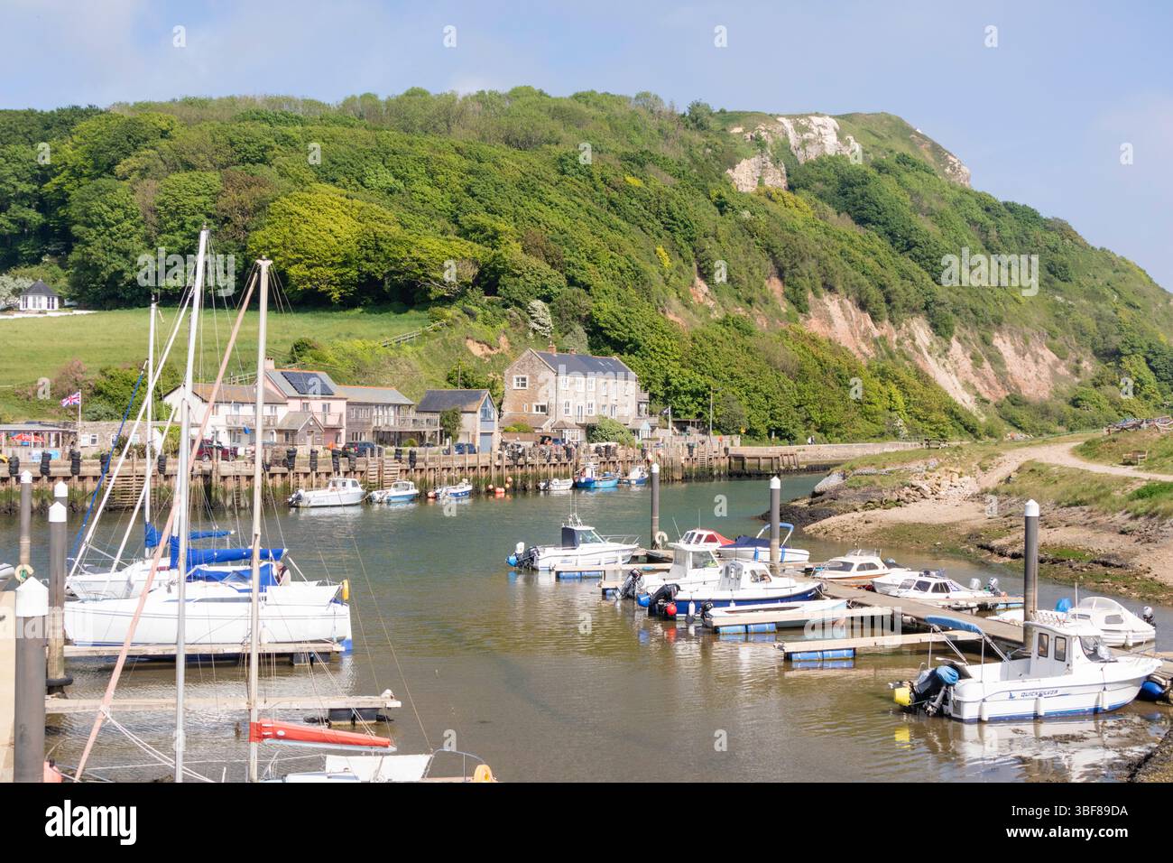 Axmouth Harbour, alla foce del fiume Axe, Seaton, Devon, Inghilterra, Regno Unito Foto Stock