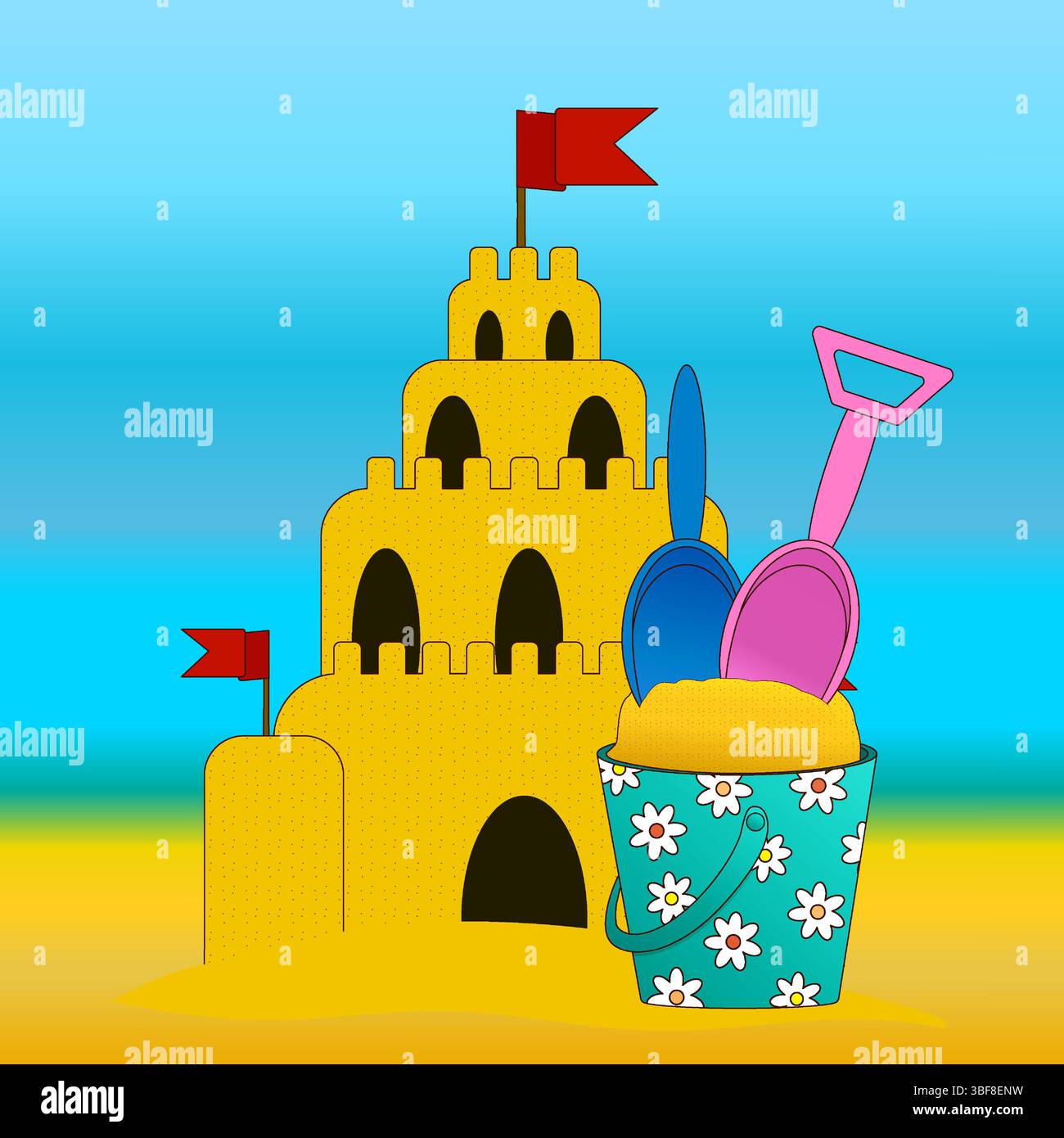 Scena di illustrazione vettoriale di un colorato castello di sabbia e secchio di giocattoli da spiaggia con pale sullo sfondo soleggiato estivo del mare. Ideale per l'estate, k Illustrazione Vettoriale