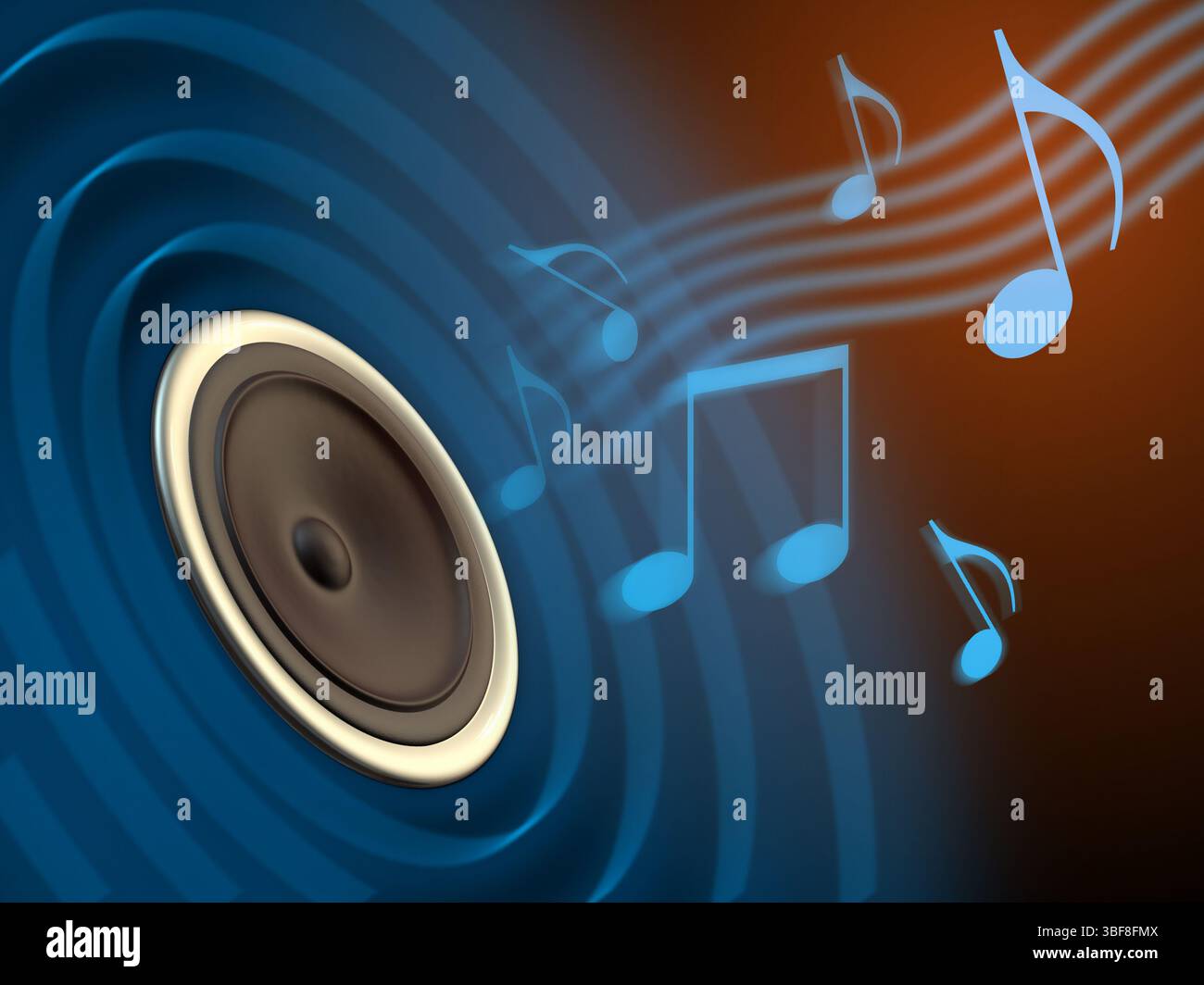 La musica viene emessa da un cono dell'altoparlante. Illustrazione digitale. Foto Stock