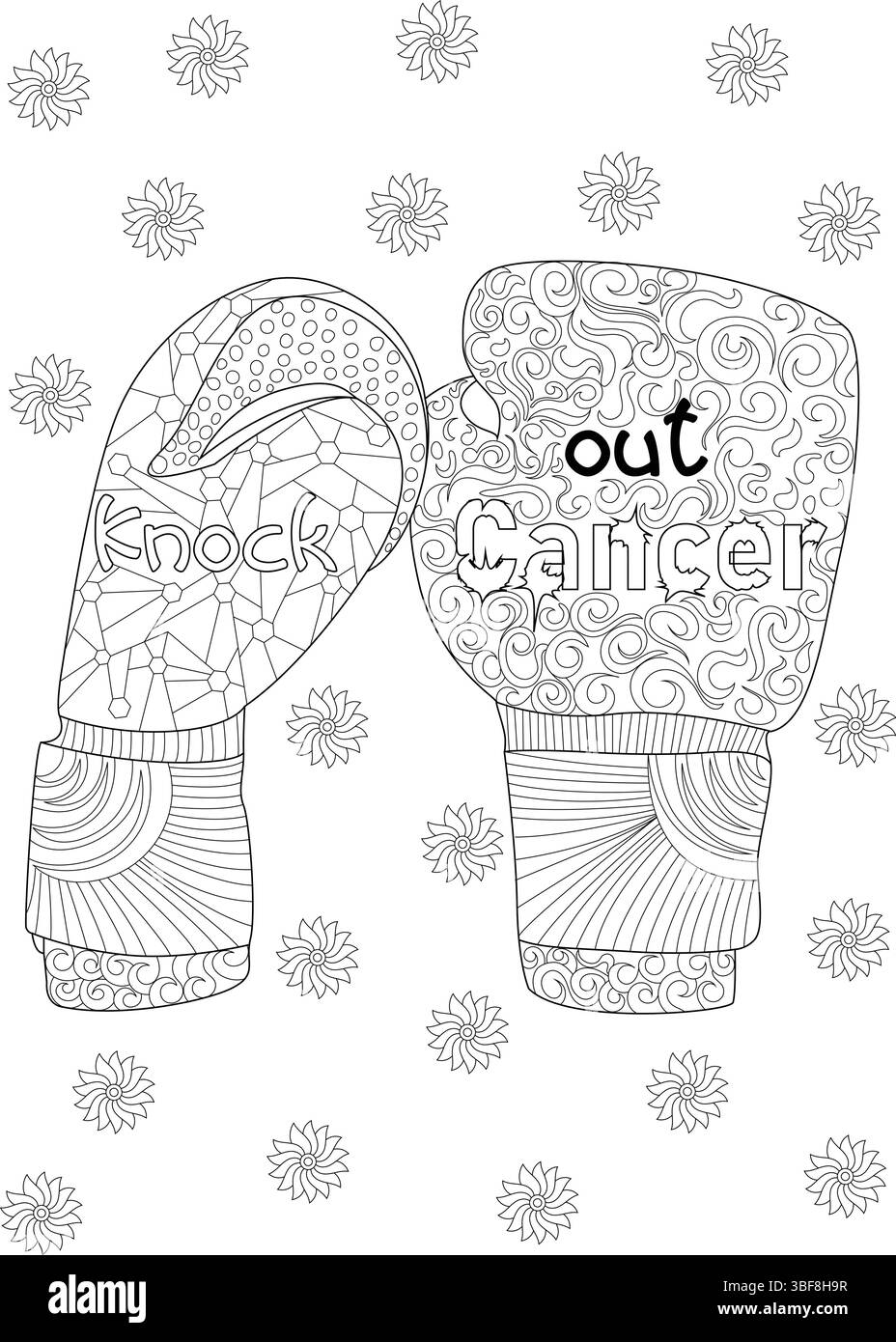 Illustrazione in bianco e nero con un paio di guanti da boxe con motivi decorativi. Un guanto ha il testo "bussare” e l'altro ha "tu Illustrazione Vettoriale