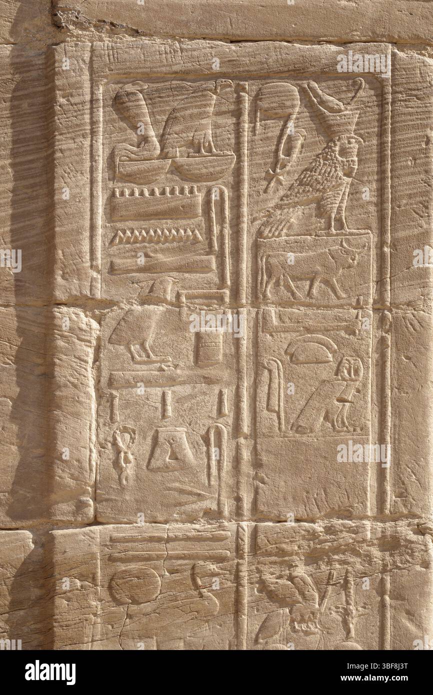 Rilievi al Tempio dedicato a Hathor e Nekhbet a El Kab, sponda orientale del fiume Nilo, alto Egitto Foto Stock