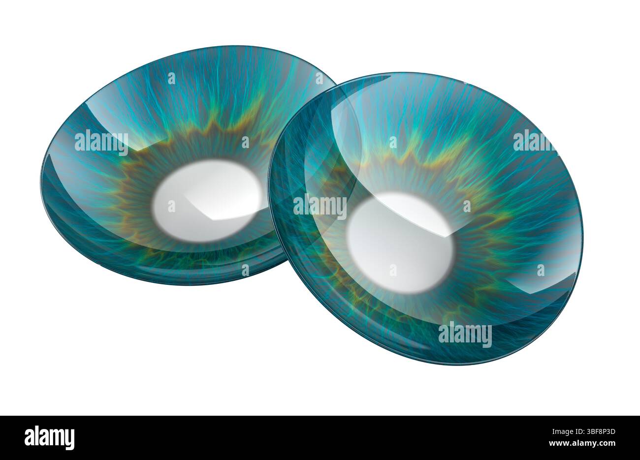 Lenti a contatto colorate con Iris verde-blu. Rendering 3D isolato su sfondo bianco Foto Stock