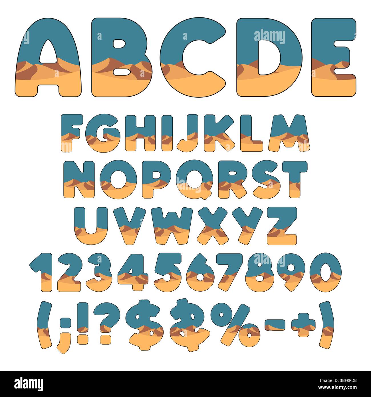 Alfabeto, font con deserto e dune. Oggetto vettoriale isolato su sfondo bianco. Illustrazione Vettoriale