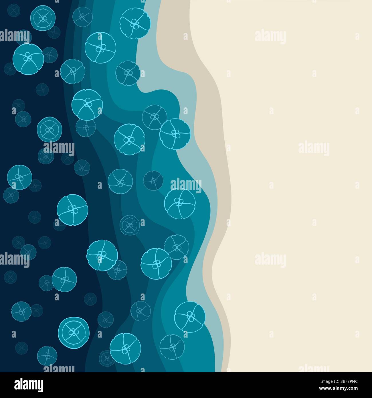 Sfondo vettoriale con fondo marino e meduse marine nell'acqua. Illustrazione a colori con silhouette e strati. Illustrazione Vettoriale
