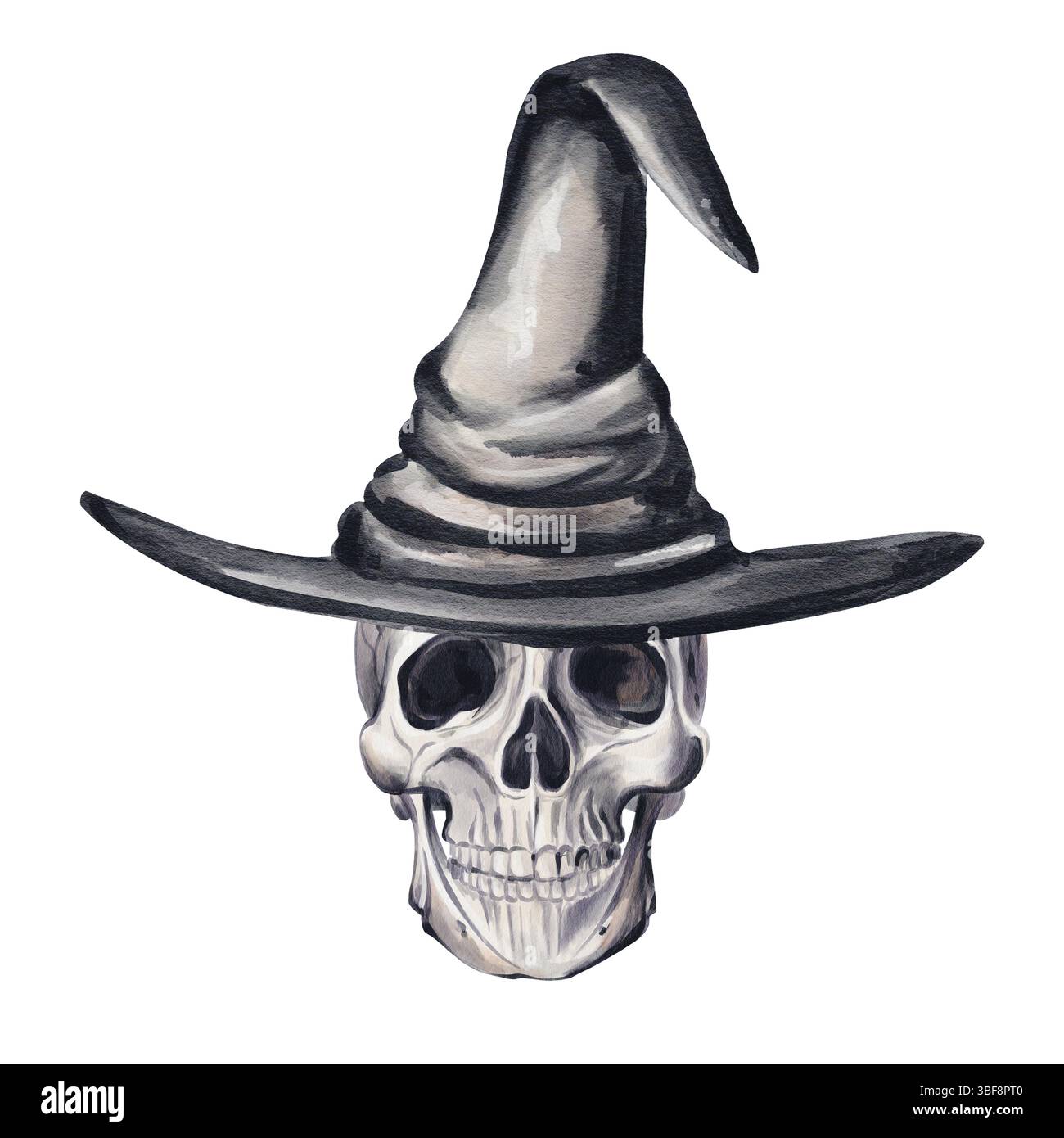 Teschio in un grande cappello da mago nero. Testa di scheletro in un cappello da strega. Faccia spaventosa. Arredamento di Halloween. Illustrazione acquerello isolata dallo sfondo. Mano Foto Stock