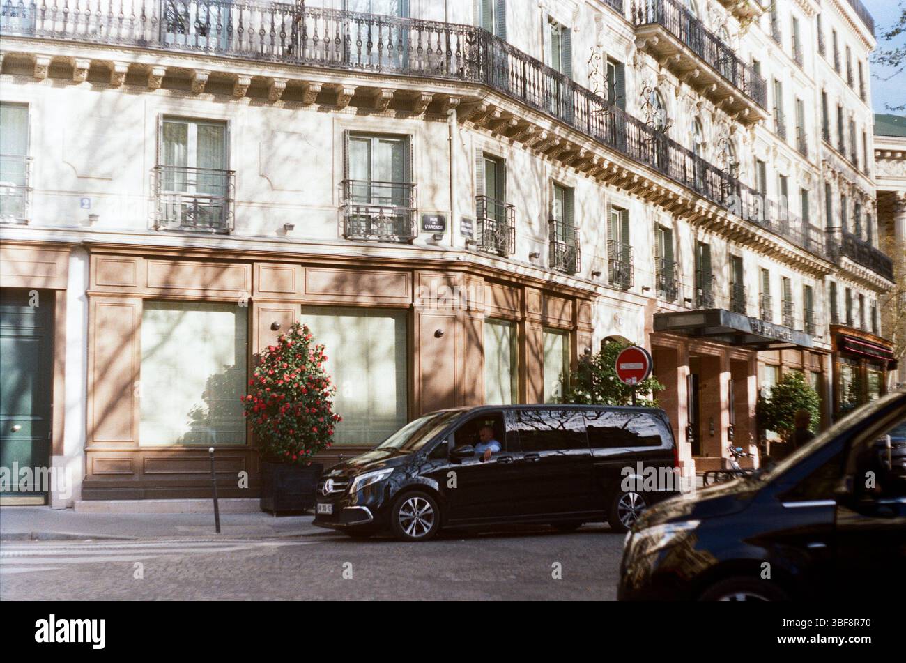 Una tipica facciata di un edificio di appartamenti in stile Haussmann nell'ottavo arrondissement di Parigi, in Francia, con spettacolari ombre di alberi gettate dal sole pomeridiano. Foto Stock