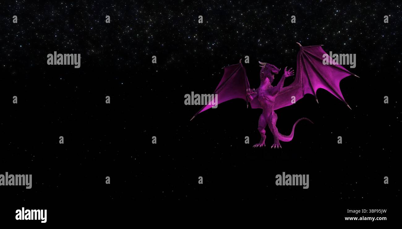 illustrazione in 3d di un drago rosa con ali aperte davanti al buio dello spazio. Foto Stock