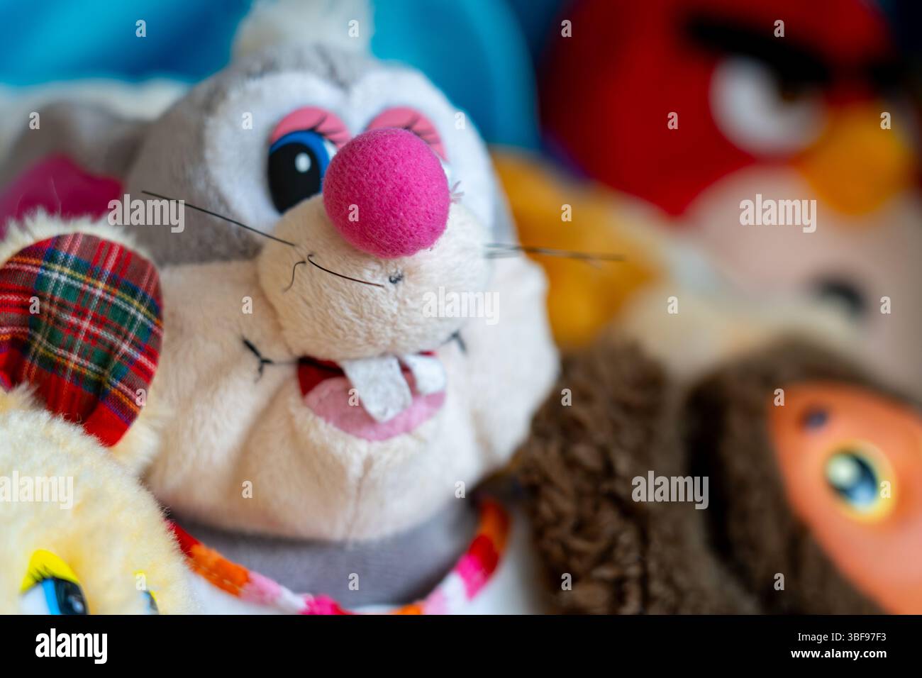 Una collezione di vivaci giocattoli di peluche è esposta in un ambiente accogliente. Le texture morbide e i colori vivaci creano un'atmosfera giocosa che attrae Foto Stock