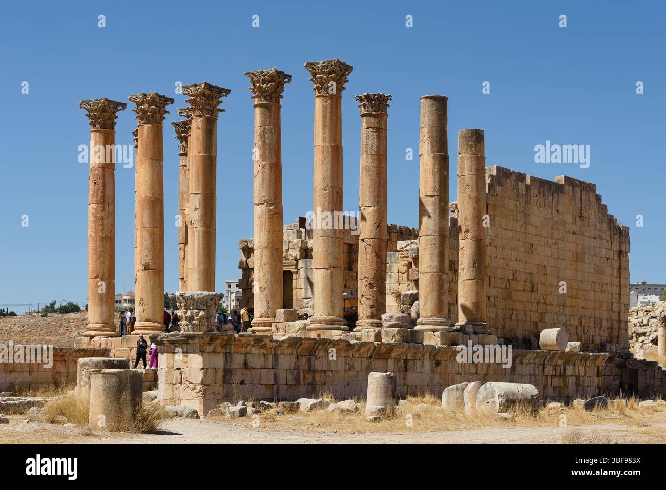 Tempio di Artemide, Jerash, Giordania dedicato ad Artemide, dea della caccia e della fertilità e figlia di Zeus e Leto, questo tempio fu costruito tra il 150 e il 170 d.C. e fiancheggiato da 12 colonne corinzie finemente scolpite (11 ancora in piedi). Il Tempio di Artemide a Gerasa è un tempio peripterale romano a Jerash, in Giordania. Il tempio fu costruito nel mezzo della più alta delle due terrazze del santuario, nel cuore dell'antica città. Il tempio è uno dei monumenti più notevoli rimasti nell'antica città di Gerasa (Jerash) e in tutto l'Oriente romano. Foto Stock
