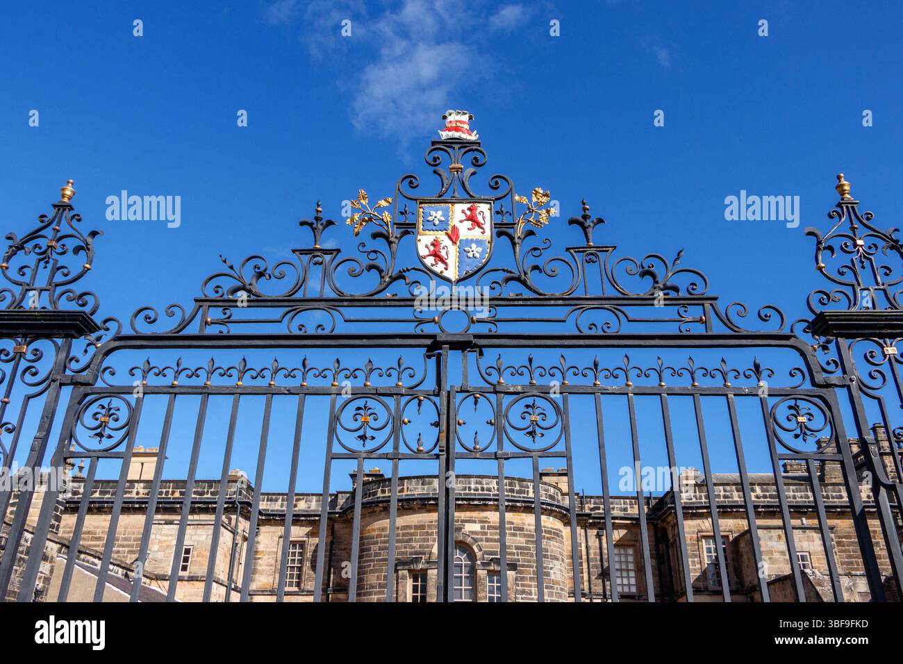 primo piano di cancelli in ferro battuto con stemma della famiglia al seaton delaval hall northumberland uk Foto Stock