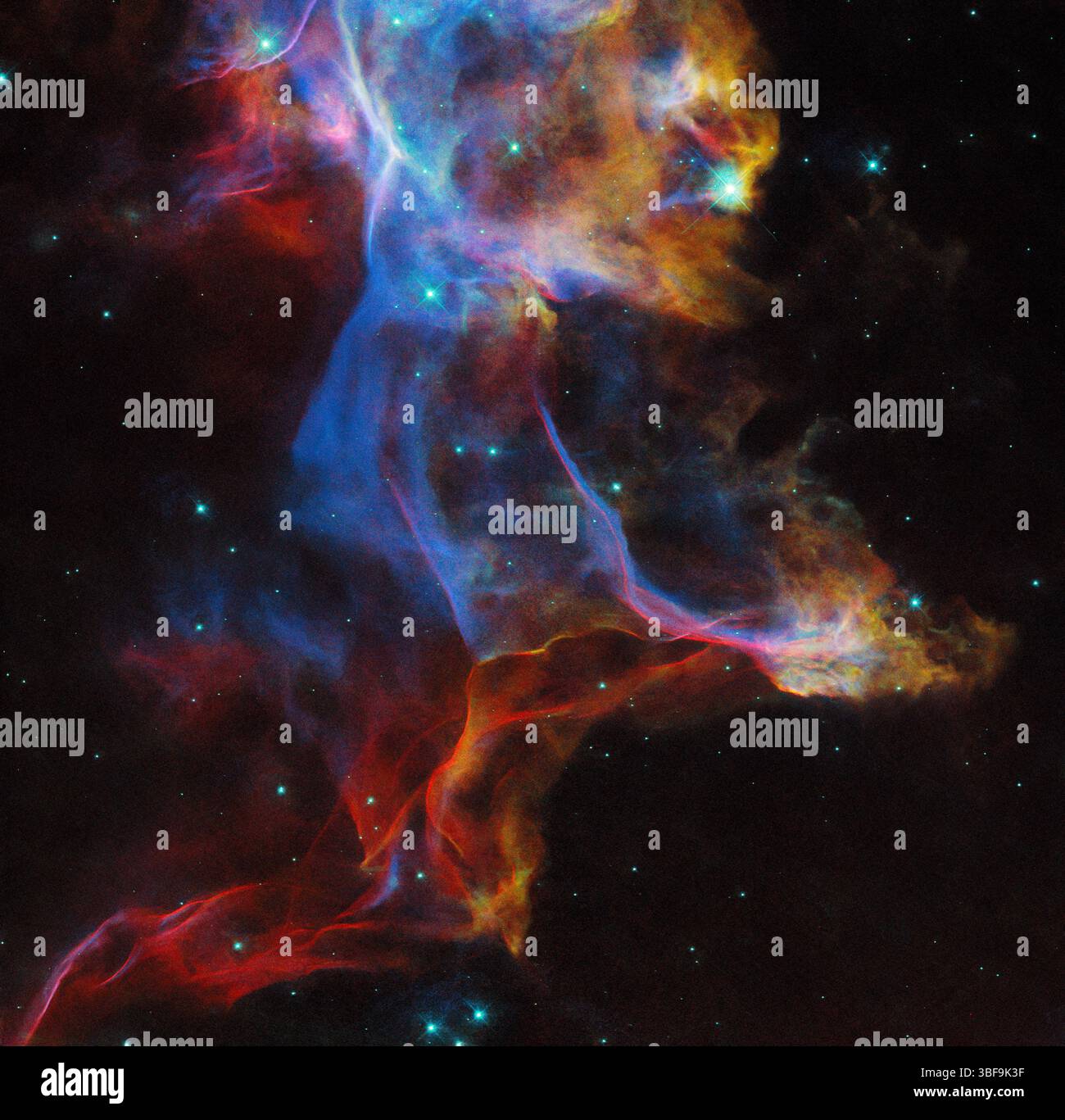 Questa immagine di Hubble mostra parte della Nebulosa velo, il residuo di una stella 20 volte la massa del Sole che è esplosa 10.000 anni fa. Situato a 2.400 anni luce di distanza a Cygnus, emette idrogeno ionizzato, zolfo e ossigeno. Catturata con tre filtri, questa vista colorata rivela filamenti di gas fini. Anche se copre solo una piccola sezione, la nebulosa completa si estende su sei lune piene nel cielo. Confrontando questi dati con i dati del 1994, gli scienziati possono monitorare il movimento e l'evoluzione della struttura della nebulosa. Crediti: ESA/Hubble & NASA, R. Sankrit Foto Stock