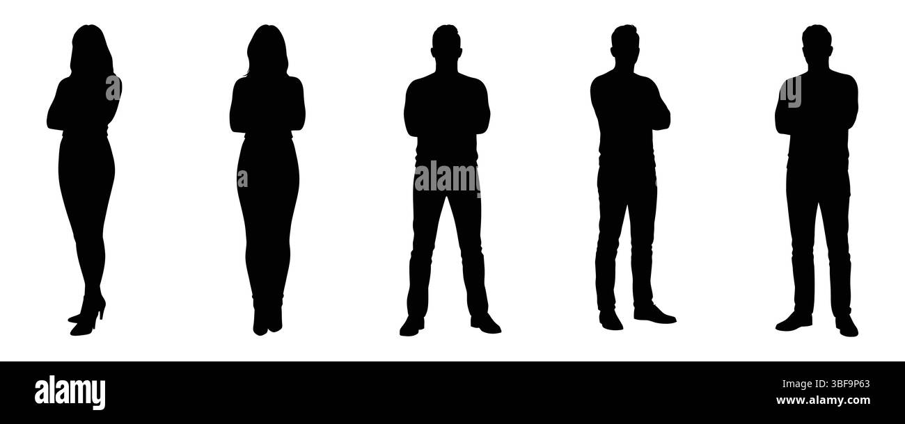 Sagoma vettoriale di persone diverse in piedi con le braccia incrociate Set di cinque Illustrazione Vettoriale