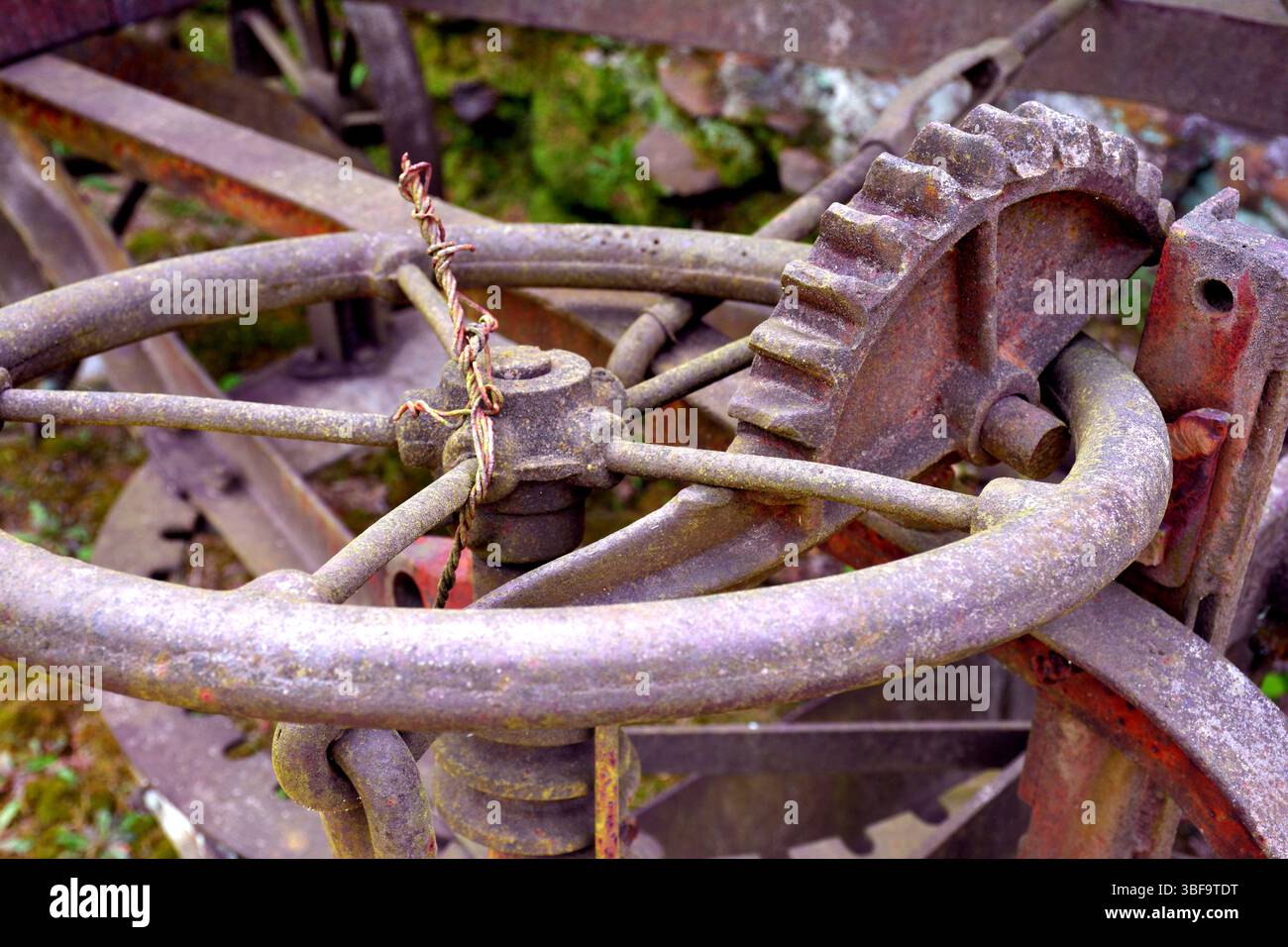 Primo piano sulle vecchie attrezzature agricole Foto Stock