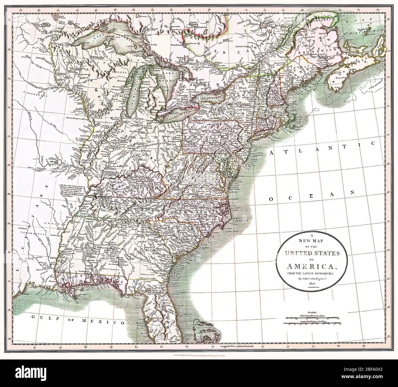 Si tratta di una riproduzione migliorata e restaurata di un'antica mappa degli stati slegati che mostra confini e stati a partire dal 1806. Include note speciali. La Florida, un territorio in questo momento, è mostrata come East e West Florid. Sono raffigurate nazioni indiane. La mappa mostra le prime fasi dell'espansione verso ovest. Mostra anche gli errori cartografici comuni all'epoca. Titolo originale: Una nuova mappa degli Stati Uniti d'America, dalle ultime autorità. Foto Stock