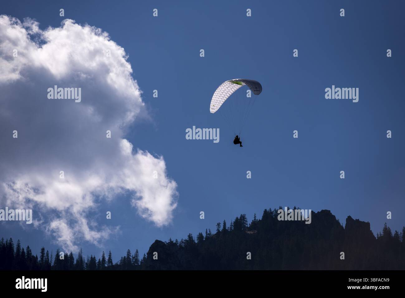 Parapendio di fronte a un cielo blu e nuvole sulle montagne boscose, Baviera, Germania, Europa Foto Stock