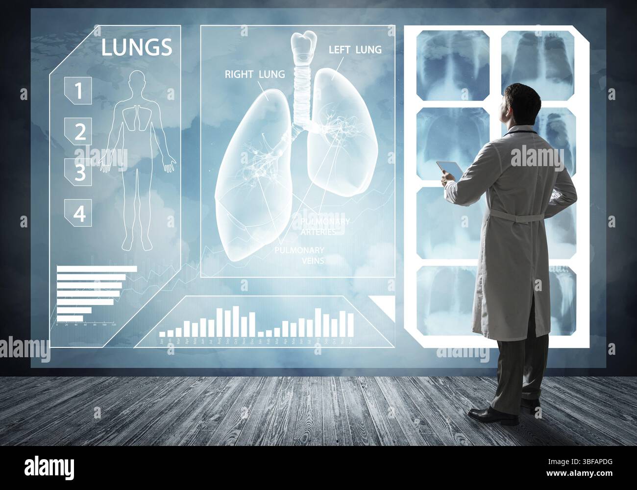 Il medico affronta l'interfaccia digitale. Con tablet. Concetto digitale in medicina Foto Stock