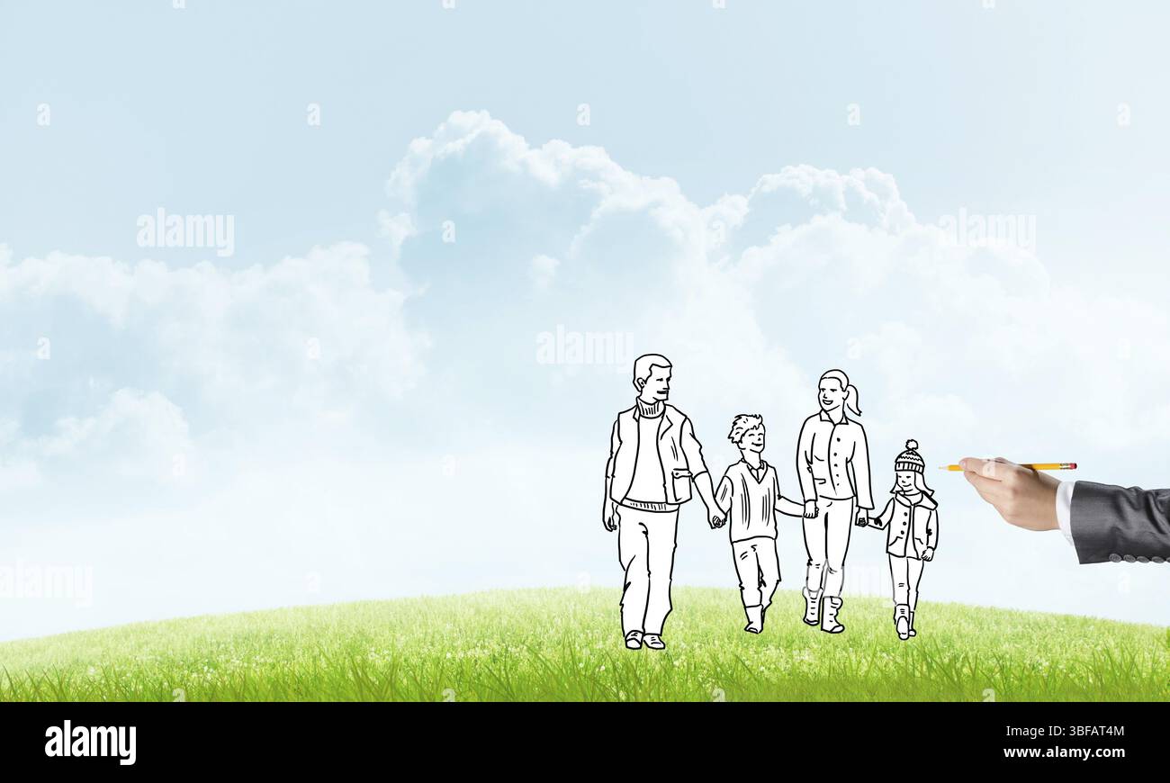 Disegnata a mano la famiglia felice in abiti casual con due figli Foto Stock