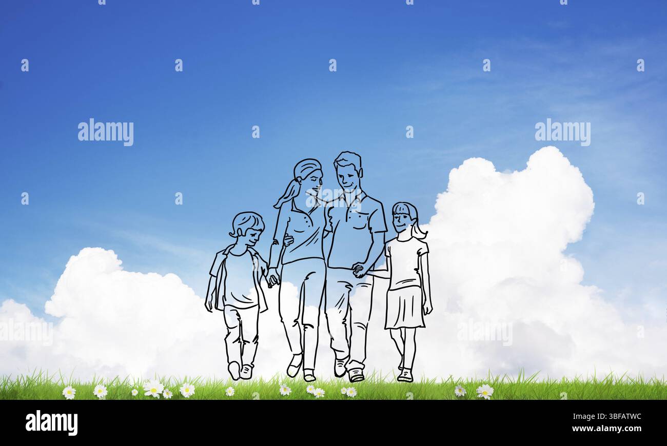 Disegnata a mano la famiglia felice in abiti casual con due figli Foto Stock