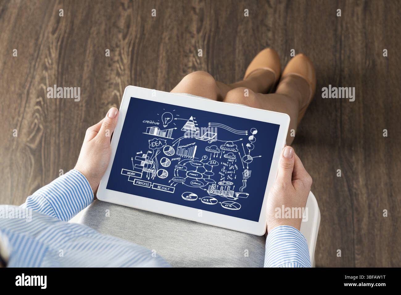 Primo piano, la donna d'affari con il tablet. Concetto di pianificazione aziendale Foto Stock