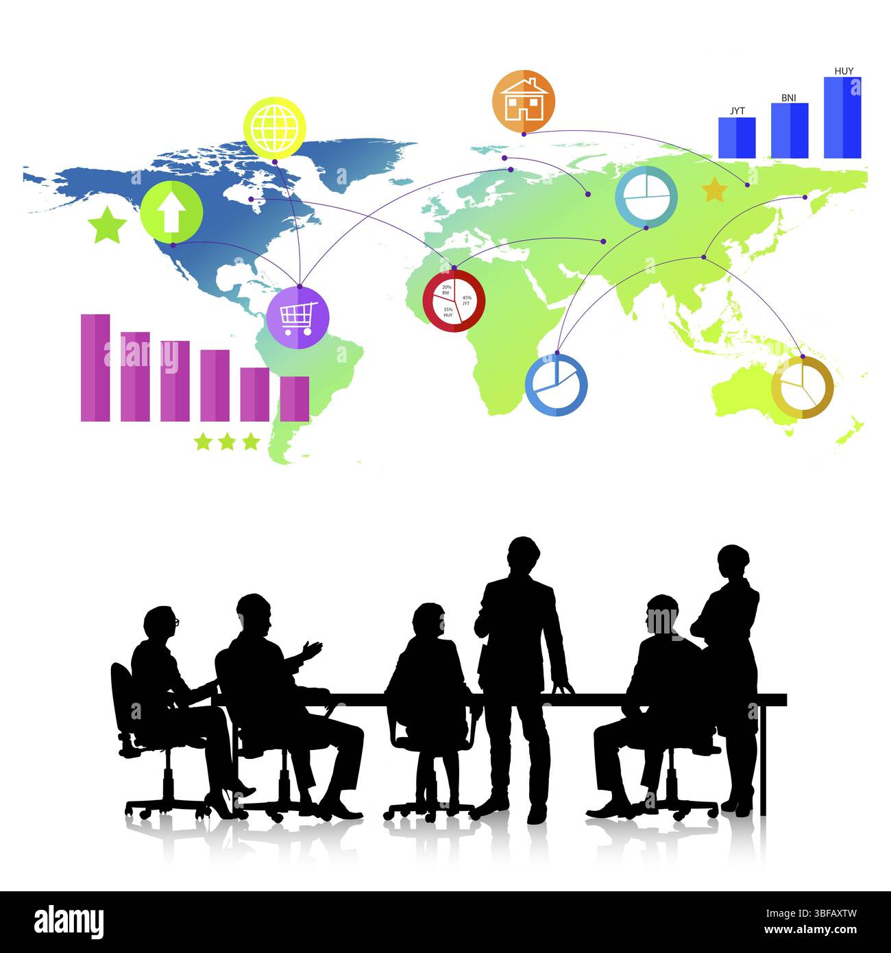 Silhouette e icone colorate di applicazioni isolate su sfondo bianco per gruppi di persone aziendali Foto Stock