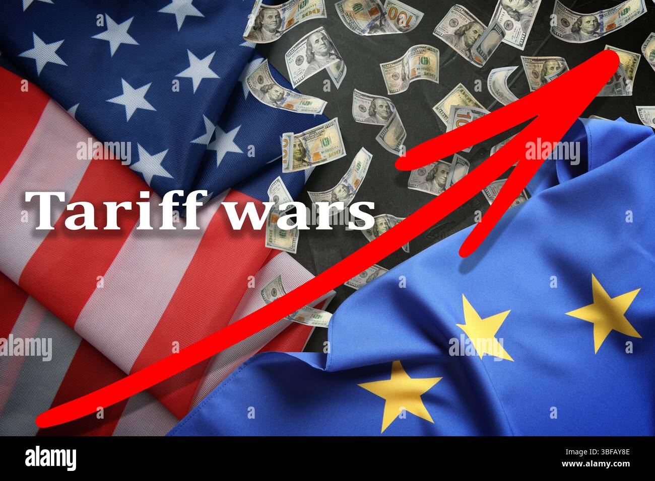 Guerre tariffarie. Bandiere dell'America e dell'Unione europea, frecce e dollari in caduta Foto Stock
