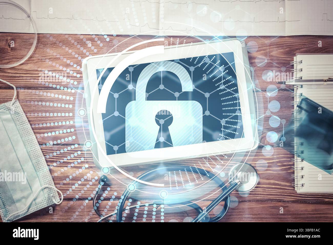 Vista superiore del medico workplace con tablet pc e strumenti di medicina o Foto Stock