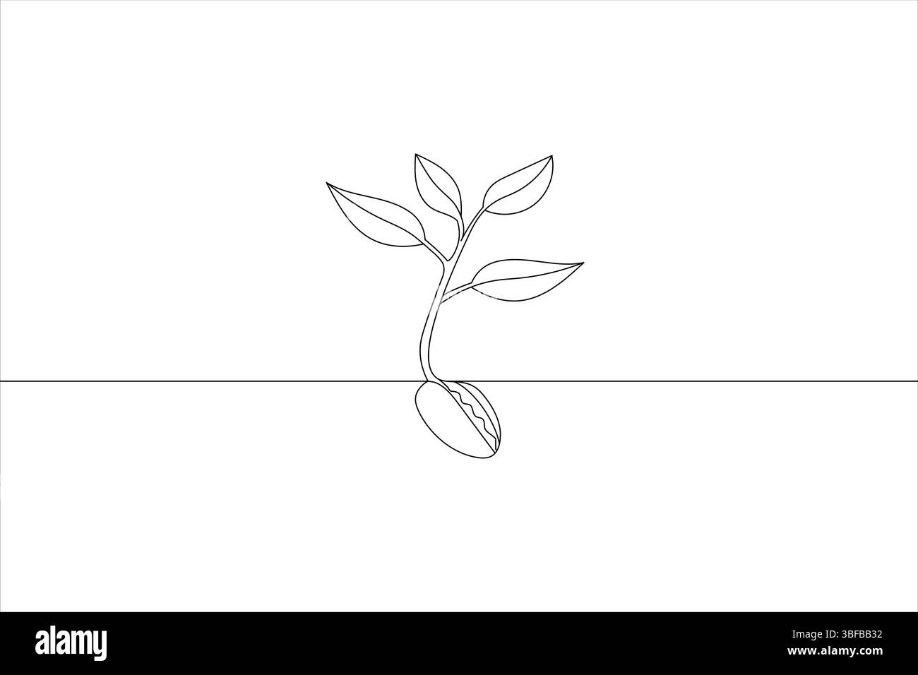 Semplice illustrazione line art di un seme che germoglia e di una pianta giovane che cresce verso l'alto Illustrazione Vettoriale