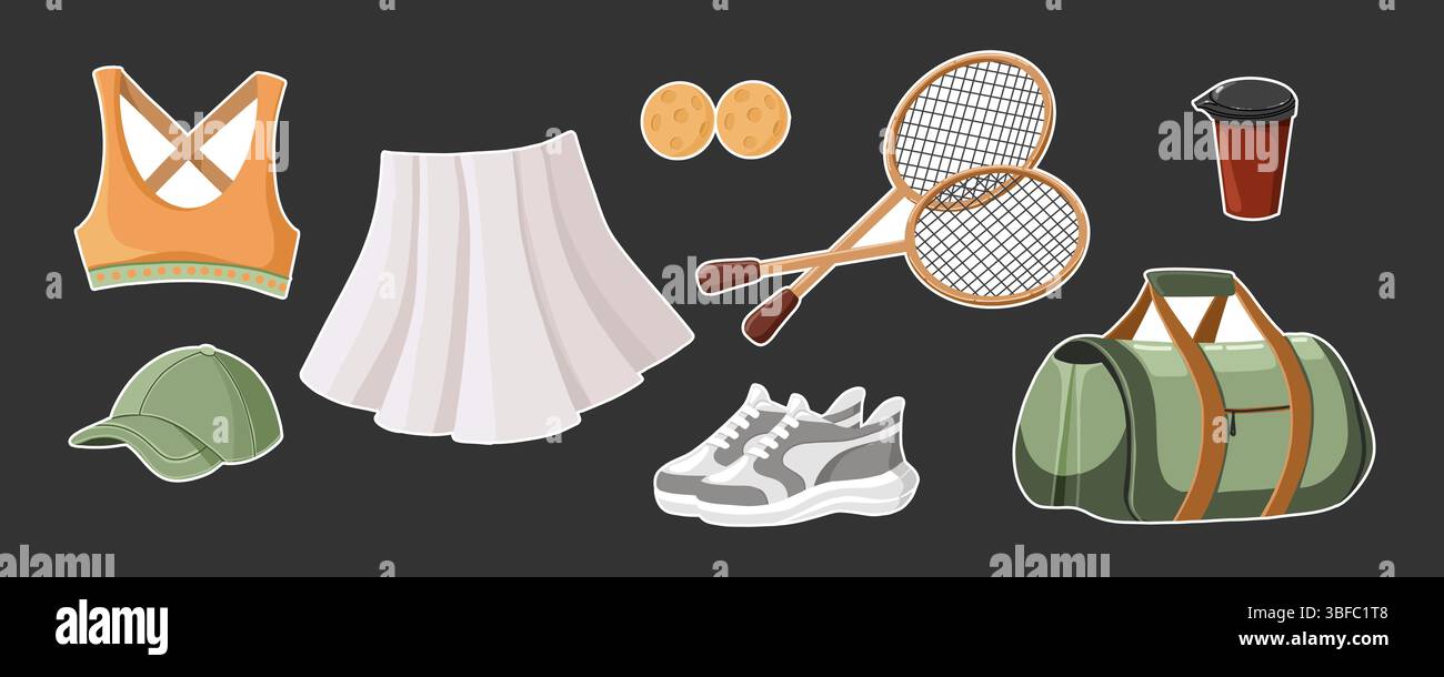 Illustrazione vettoriale piatta di un adesivo disegnato a mano sul tema del tennis, con racchette, palle, top, gonna, berretto, borsa sportiva e sneakers. ISOL Illustrazione Vettoriale