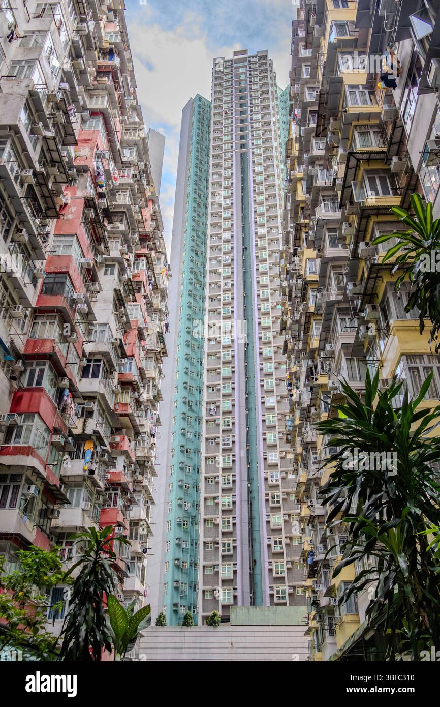 Alloggi densamente popolati nel vecchio quartiere residenziale di Quarry Bay, Hong Kong. Soprannominato "Monster Building". Foto Stock
