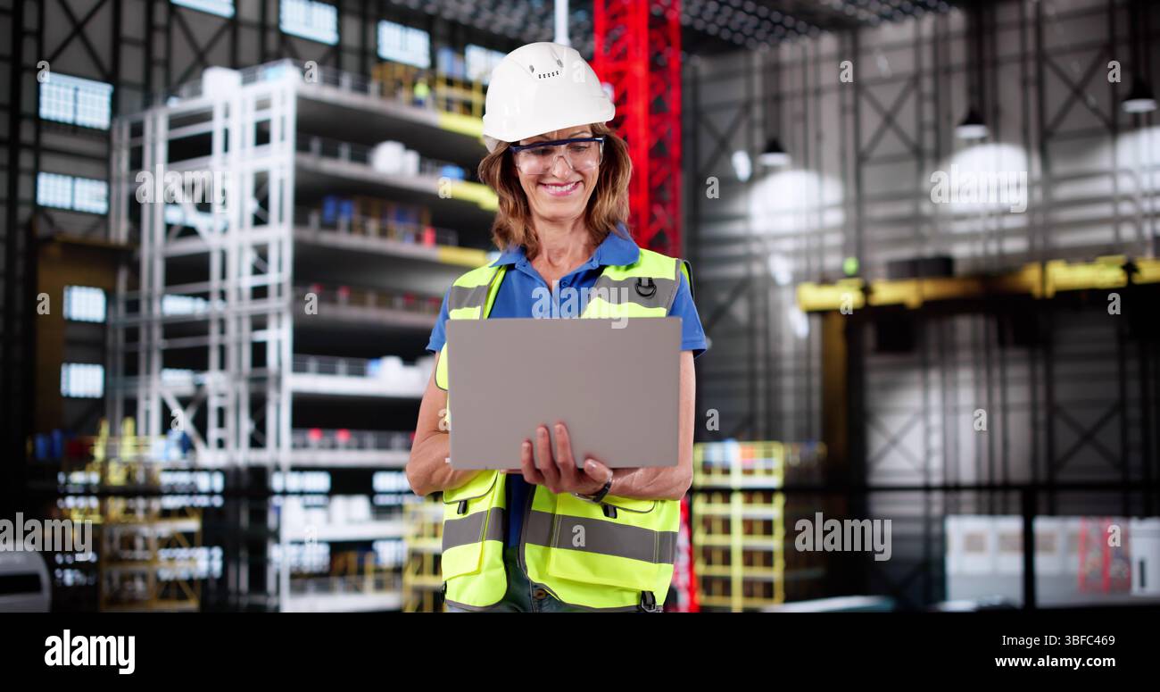 Ingegnere OSHA femmina garantisce la conformità all'ispezione della fabbrica di produzione Rocket. Foto Stock