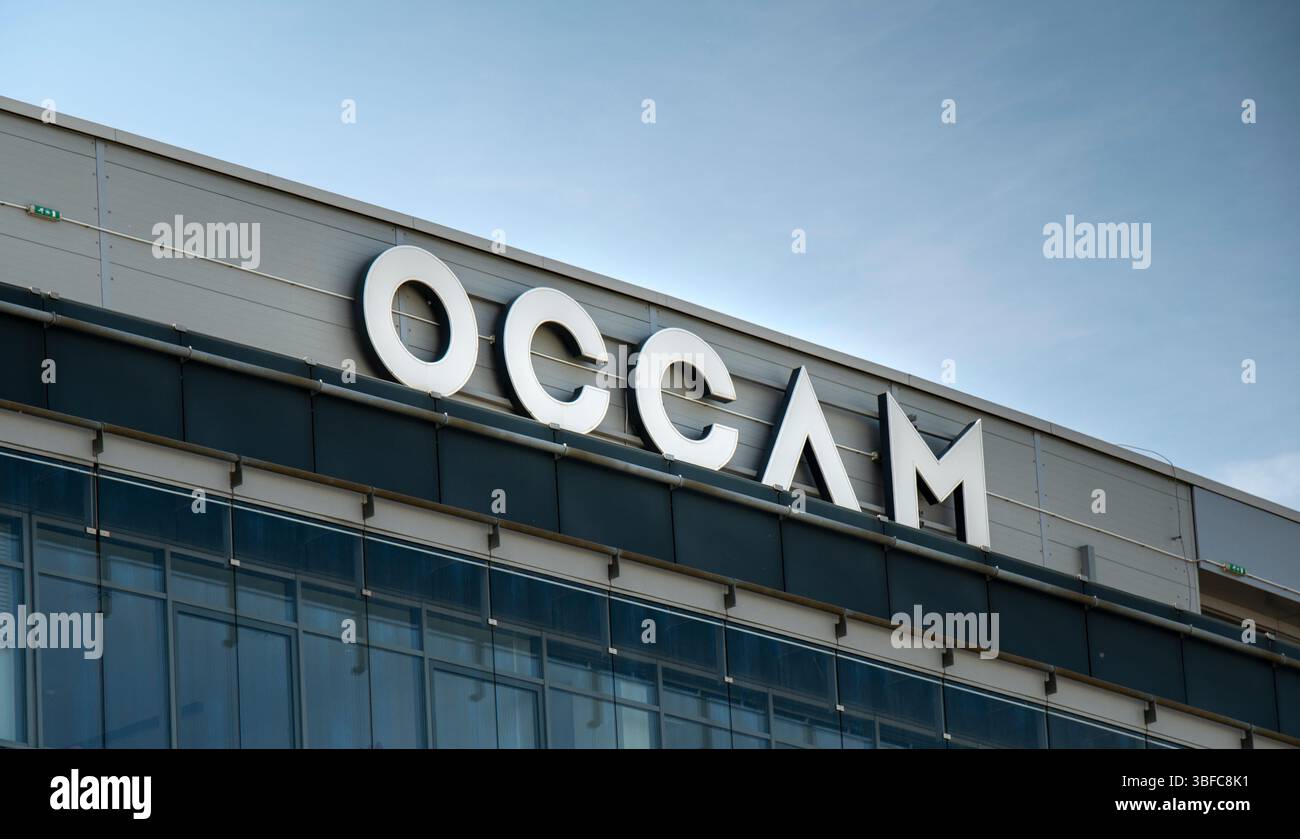 Bratislava, Slovacchia - 10 maggio 2025: Cartello Occam sull'edificio. Occam Real Estate è una società immobiliare specializzata in investimenti e sviluppo Foto Stock