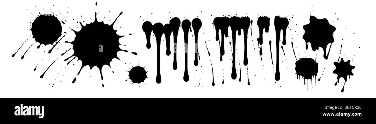 Spruzzi d'inchiostro e gocciolamento macchiano gli elementi in stile Grunge. Perfetto per arte urbana, graffiti, disegni astratti e decorazioni Horoor. Isolato su Illustrazione Vettoriale