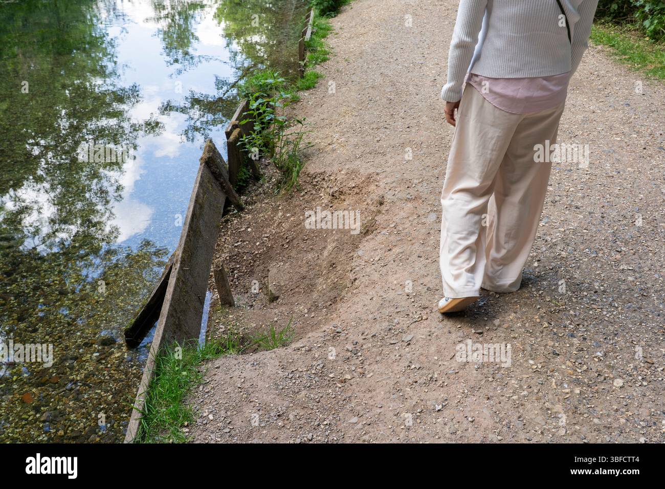 Donna che cammina accanto a una protezione contro l'erosione artificiale che è stata minata e sta fallendo. River Loddon, Basingstoke, Regno Unito Foto Stock