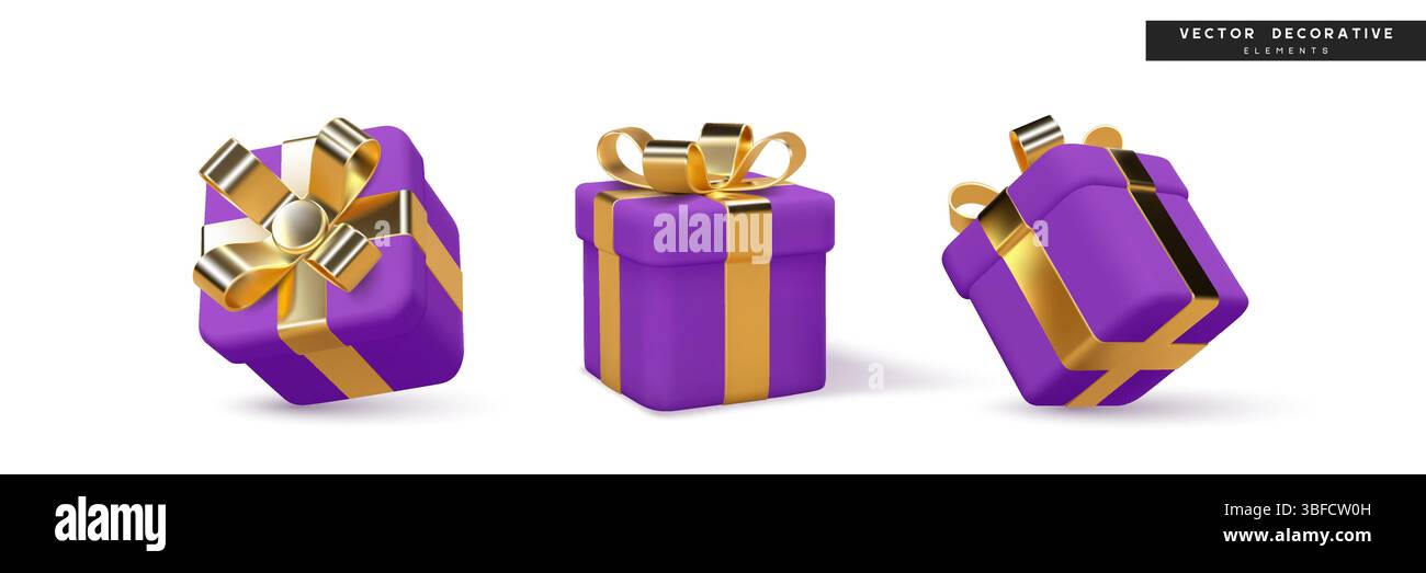 Scatole regalo blu con nastri d'oro, illustrazione vettoriale delle feste in 3D. Illustrazione Vettoriale