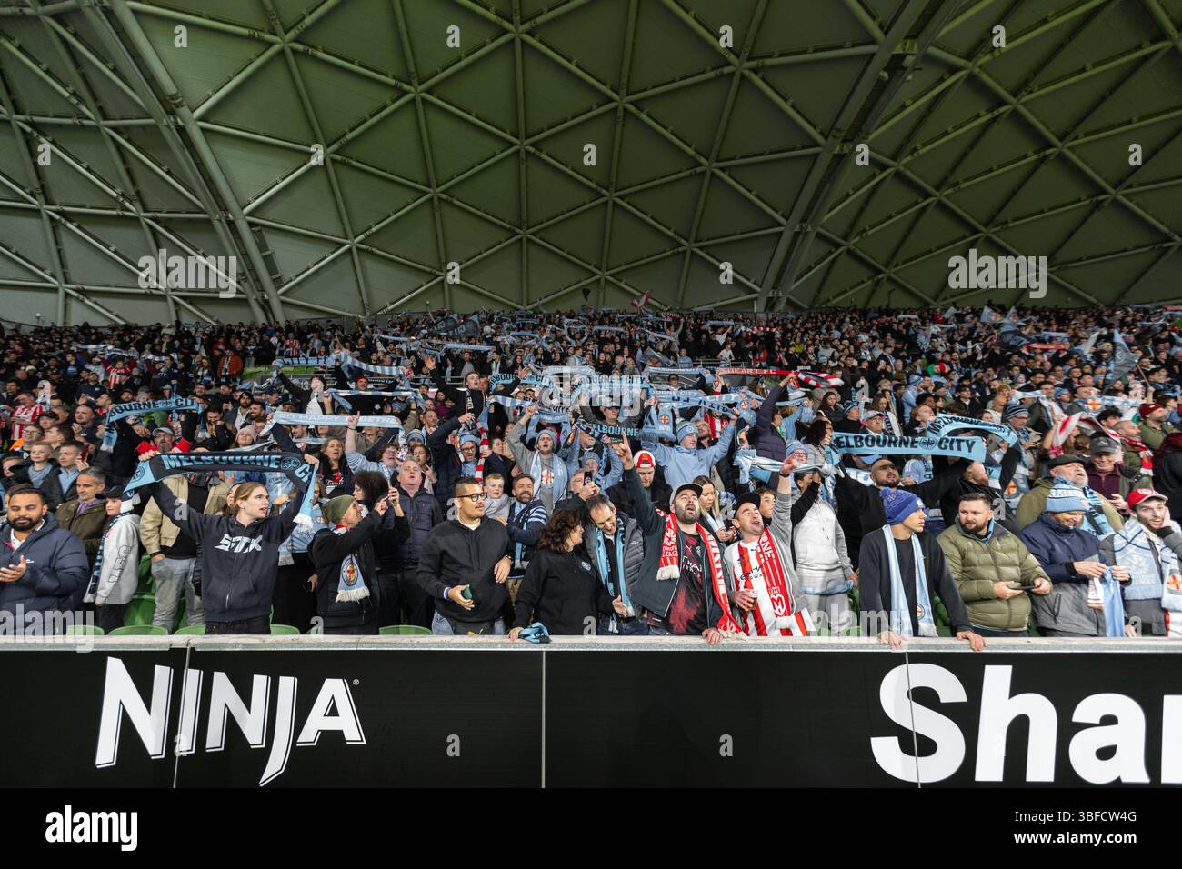 Melbourne, Australia. 31 maggio 2025. I tifosi del Melbourne Victory FC celebrano la loro vittoria nella finale maschile A-League tra il Melbourne City FC e il Melbourne Victory FC all'AAMI Park il 31 maggio 2025 a Melbourne, Australia. Crediti: Santanu Banik/Alamy Live News Foto Stock
