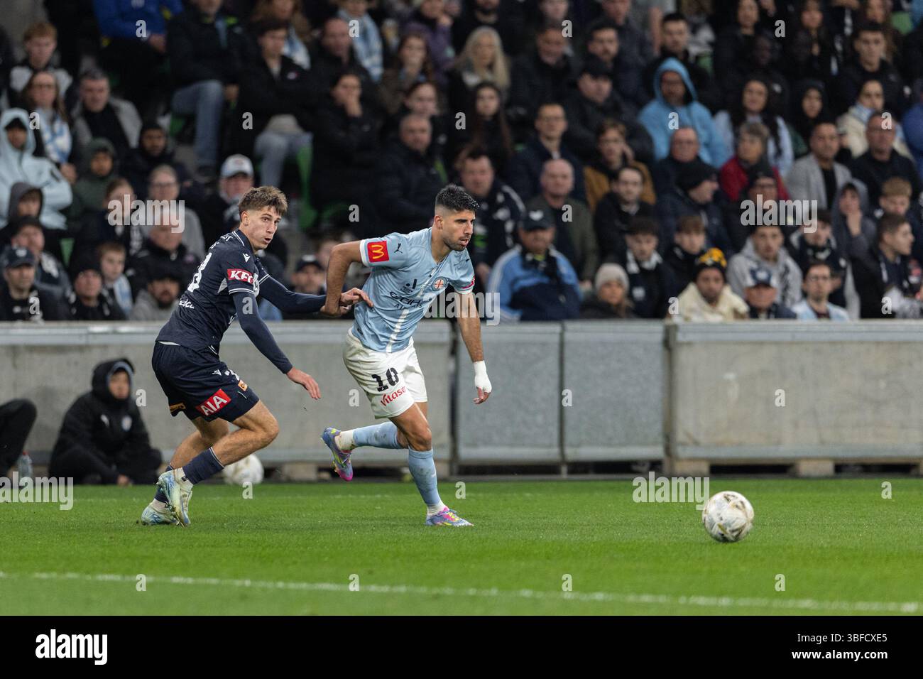 Melbourne, Australia. 31 maggio 2025. Lo Yonatan Cohen del Melbourne City FC è visto in azione durante l'A-League Men Grand Final match tra il Melbourne City FC e il Melbourne Victory FC all'AAMI Park il 31 maggio 2025 a Melbourne, Australia. Crediti: Santanu Banik/Alamy Live News Foto Stock
