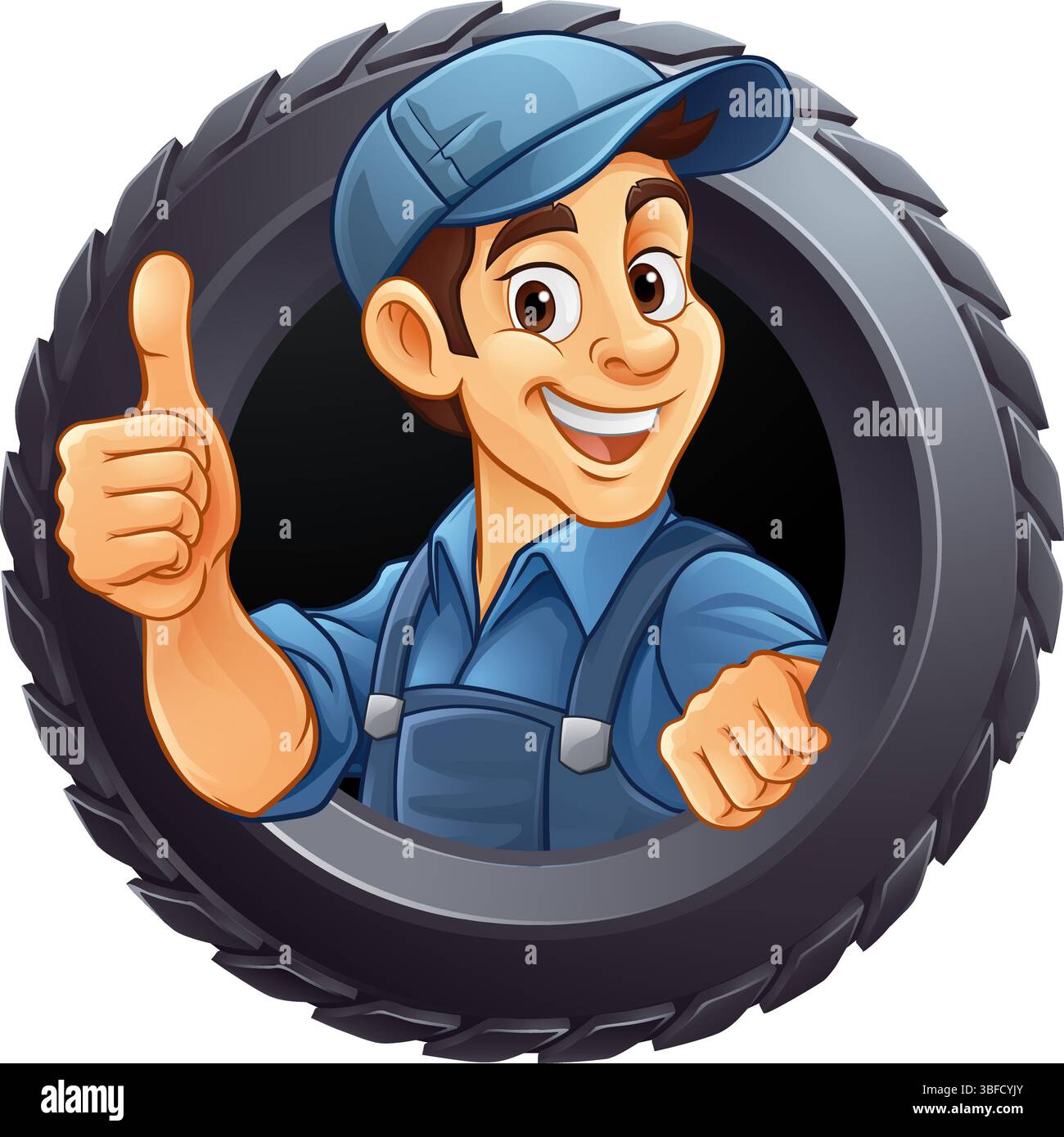 Pneumatico pneumatico meccanico per l'assistenza auto Mascotte Cartoon Man Illustrazione Vettoriale