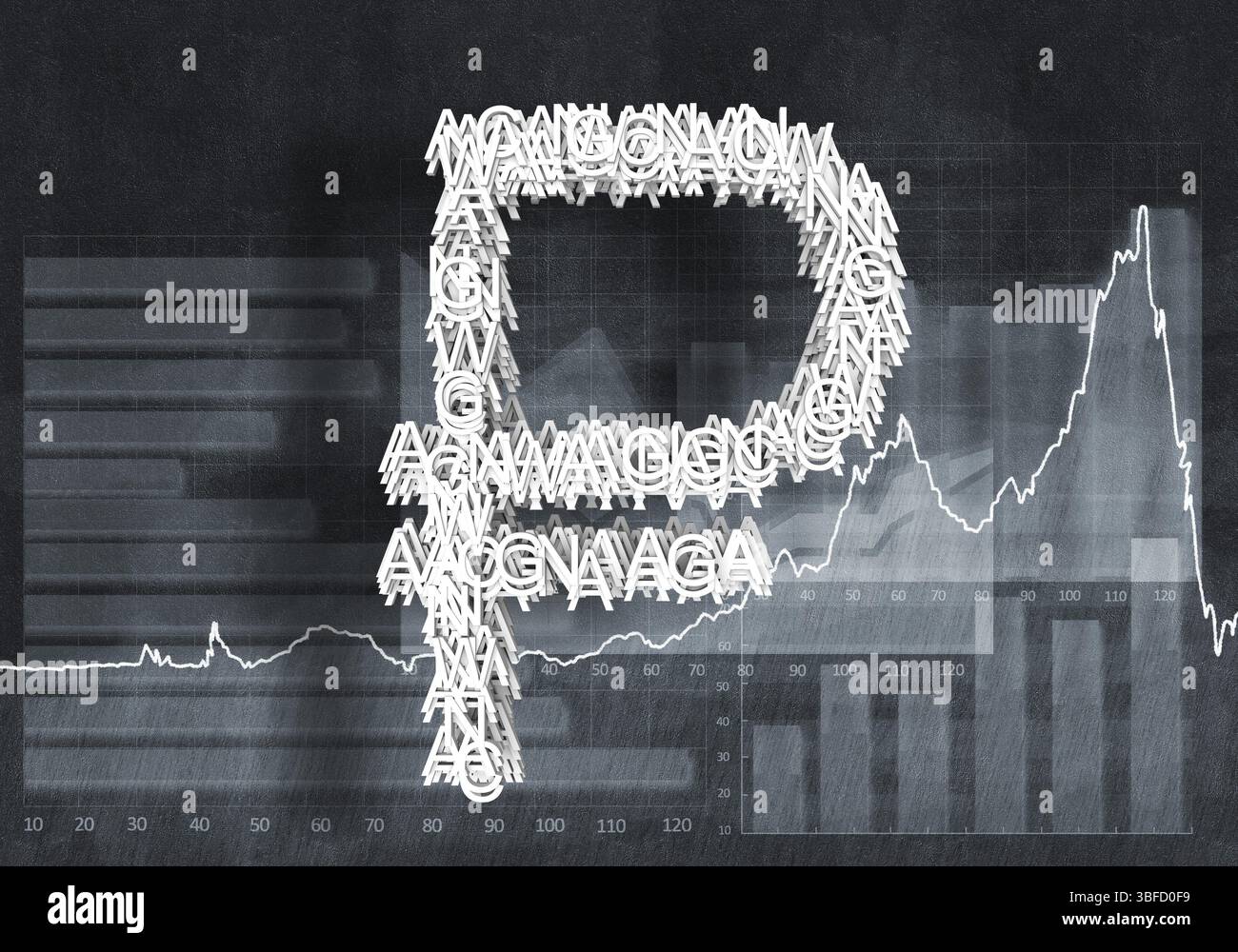 Simbolo di valuta grande rublo su sfondo di grafici e diagrammi, rendering 3D. Foto Stock