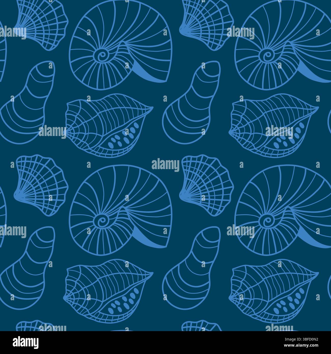 Ripetizione nautica senza giunture con diversi schizzi di shell su sfondo scuro Illustrazione Vettoriale