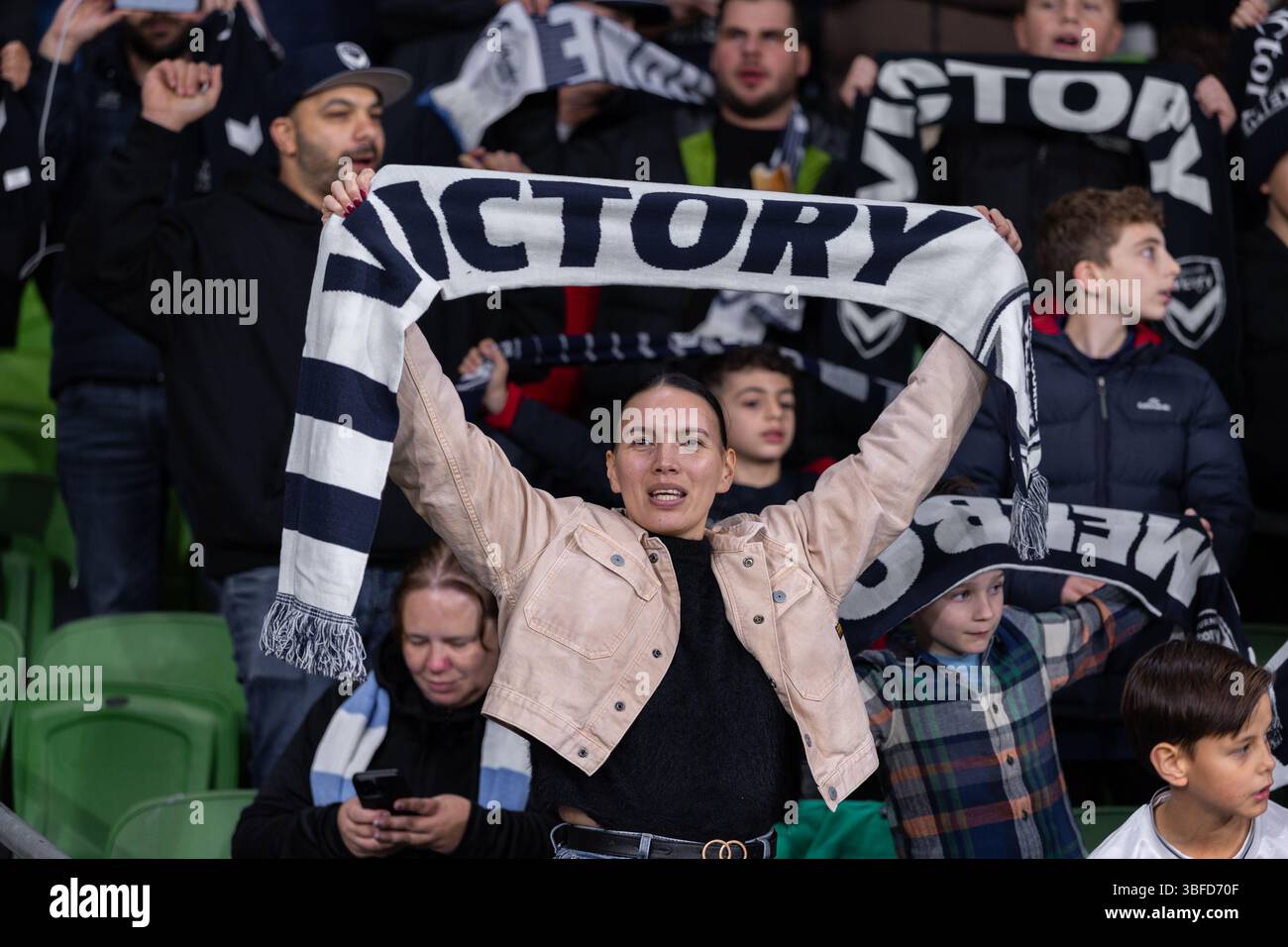 Melbourne, Australia. 31 maggio 2025. Tifosi del Melbourne Victory FC durante la finale maschile A-League tra il Melbourne City FC e il Melbourne Victory FC all'AAMI Park il 31 maggio 2025 a Melbourne, Australia. Crediti: Santanu Banik/Alamy Live News Foto Stock