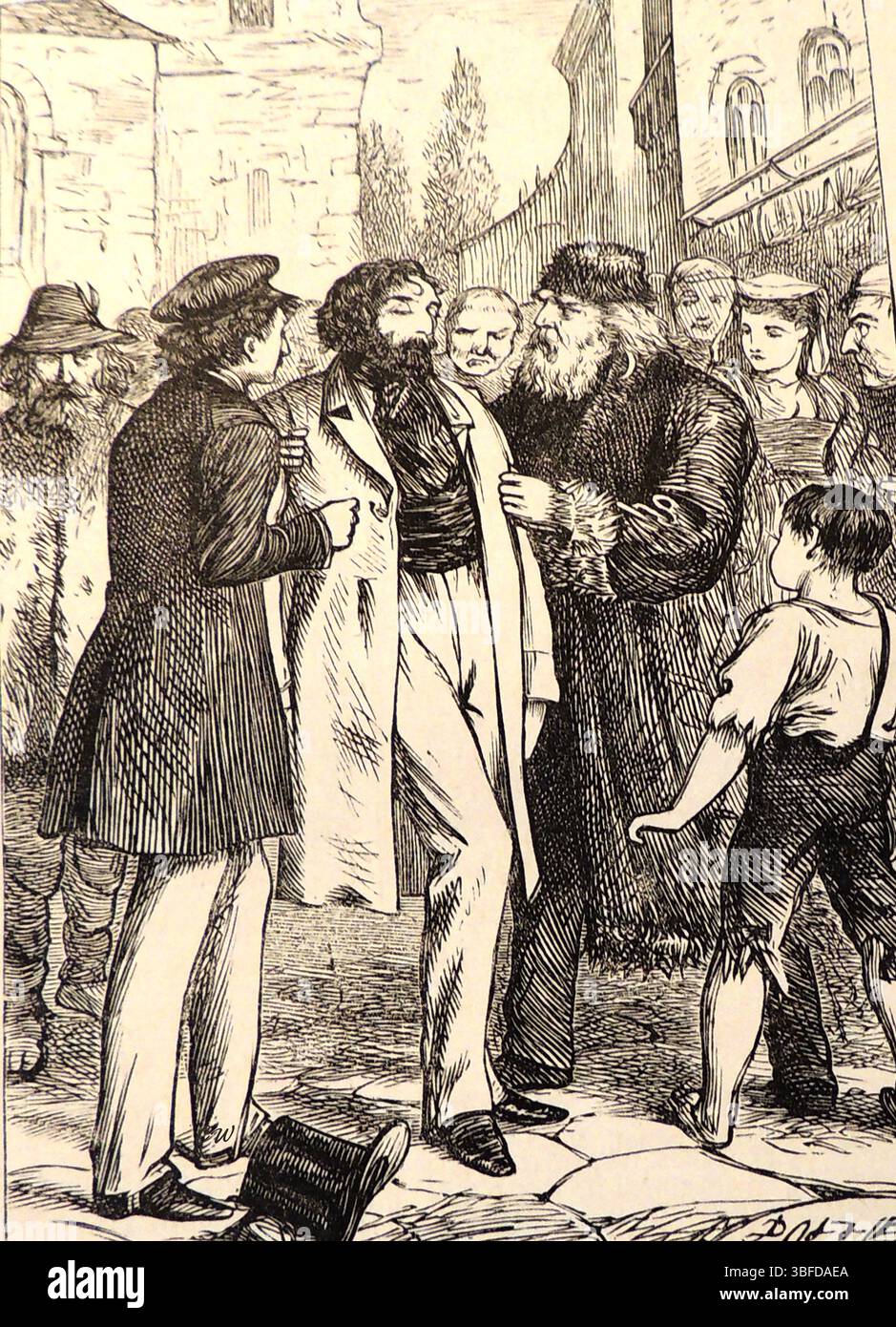 Un'incisione del 1870 che mostra persone inglesi di classe inferiore che assistono un signore ubriaco o malato in strada in una città britannica. (Che illustra la gentilezza umana) Foto Stock