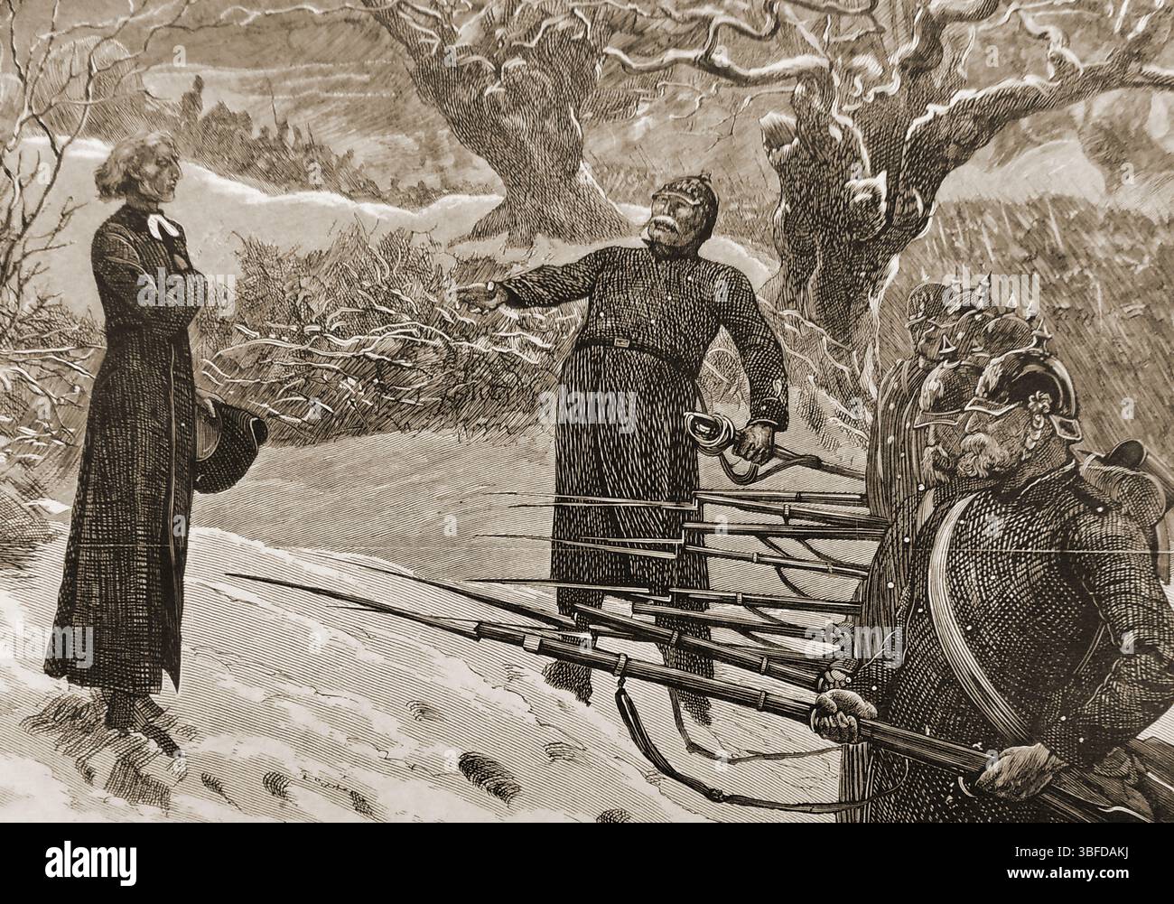 Una scena durante l'assedio di Parigi con soldati prussiani che interrogano un prete cattolico locale. L'assedio di Parigi ebbe luogo tra il 19 settembre 1870 e il 28 gennaio 1871. Ciò portò alla conquista di Parigi da parte delle forze militari della Confederazione tedesca del Nord, guidate dal Regno prussiano. Foto Stock