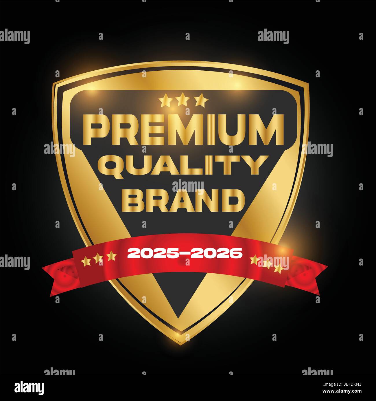 Logo del marchio di qualità Premium 2025–2026 con design Golden Shield e nastro rosso Illustrazione Vettoriale
