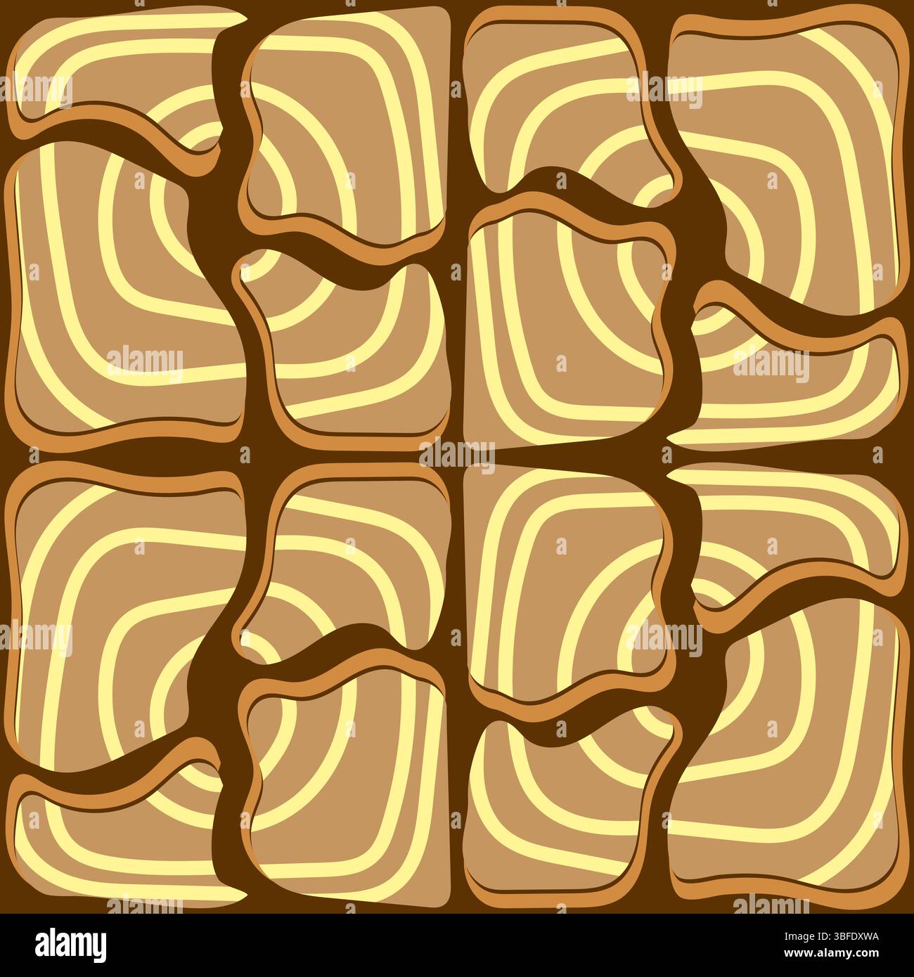 Motivo senza cuciture d'ispirazione vintage caratterizzato da vortici organici in calde tonalità marrone, beige e crema. Questo raffinato design retrò evoca il caldo autunnale Illustrazione Vettoriale