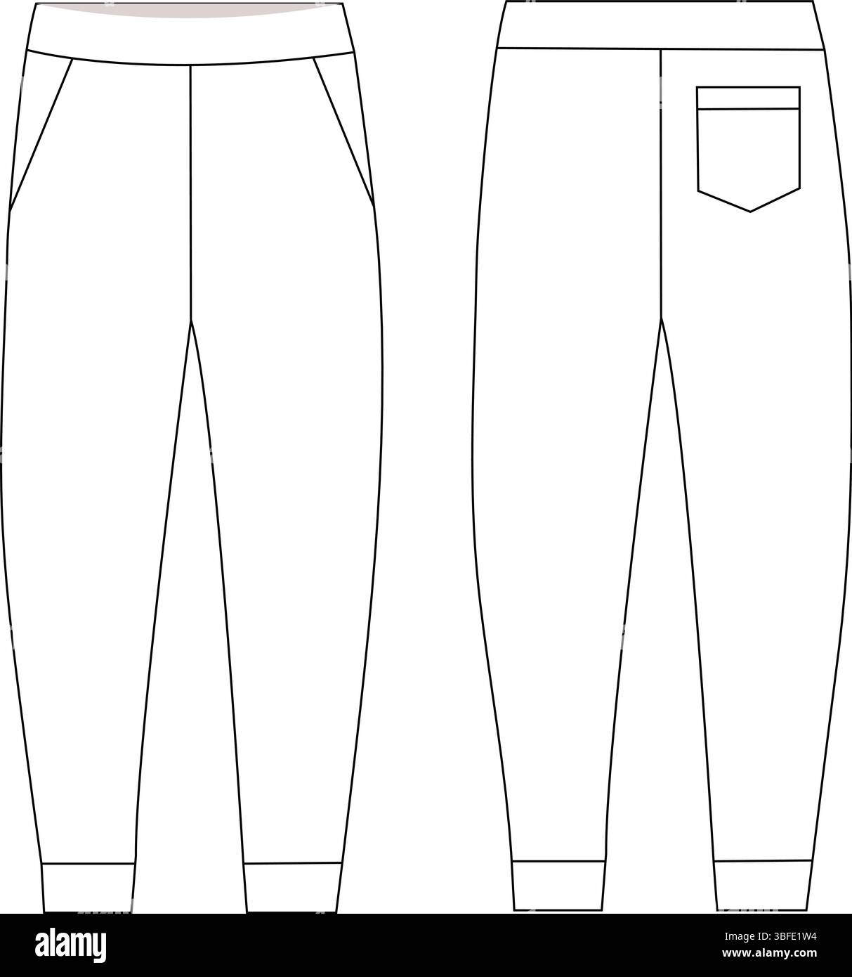Pantaloni jogger slim con risvolti e tasche laterali e posteriori - disegno tecnico alla moda piatto | Vista frontale e posteriore Illustrazione Vettoriale