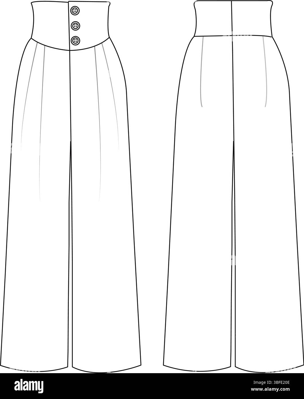 Pantaloni larghi a vita alta con bottoni frontali - schizzo tecnico di stile piatto | Vista frontale e posteriore Illustrazione Vettoriale