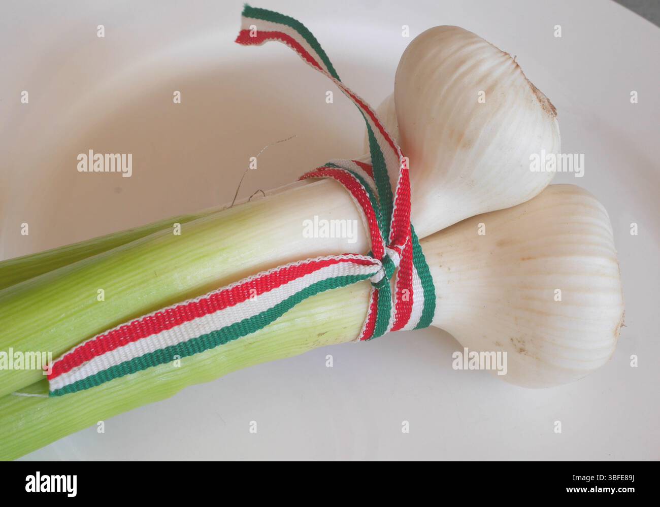 Aglio nuovo, Allium sativum, legato con un nastro tricolore ungherese, su un piatto bianco. Foto Stock