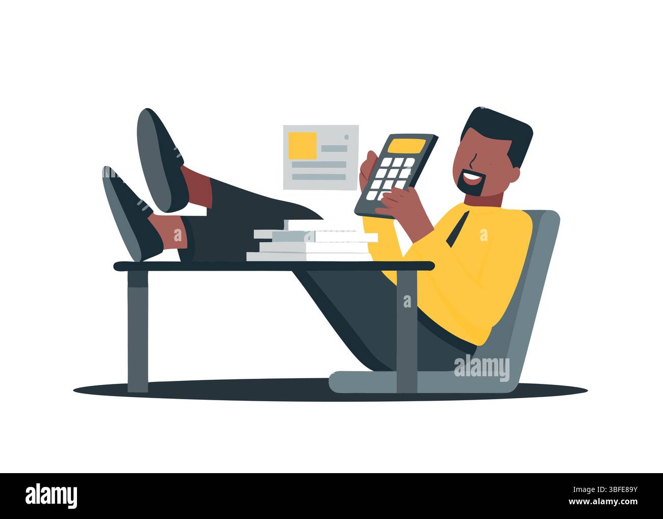 Contabile rilassato con calcolatrice sorridente presso Desk Vector Illustration Office Worker Financial Planning Business Illustrazione Vettoriale