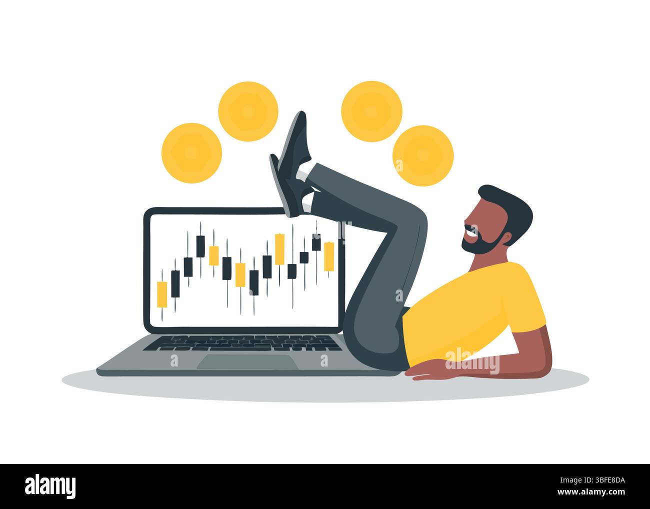 Crypto Trader rilassarsi con i profitti investendo in Bitcoin Ethereum Altcoins per il successo finanziario ricchezza in valuta digitale Illustrazione Vettoriale