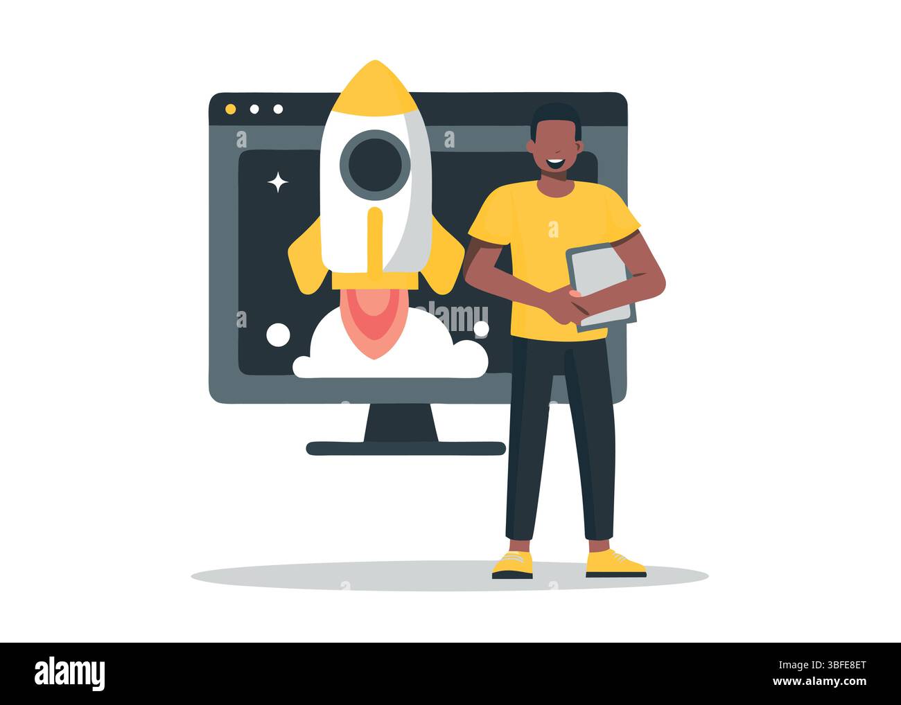 Startup Launch Illustration Man with tablet Rocket on computer Screen Digital Business Technology Entrepreneurship Illustrazione Vettoriale